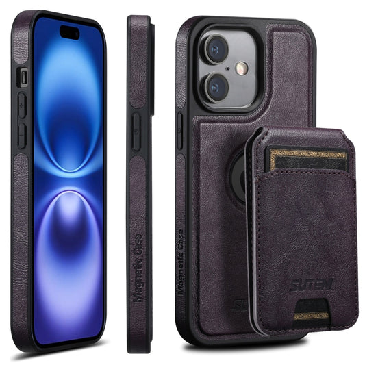 For iPhone 16 Suteni M2 Oil Wax MagSafe Horizontal Card Bag Phone Case(Purple) - iPhone 16 Cases by Suteni | Online Shopping South Africa | PMC Jewellery | Buy Now Pay Later Mobicred