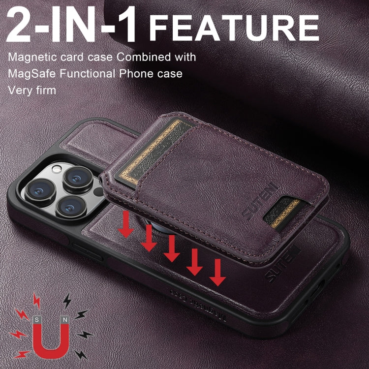 For iPhone 16 Pro Suteni M2 Oil Wax MagSafe Horizontal Card Bag Phone Case(Purple) - iPhone 16 Pro Cases by Suteni | Online Shopping South Africa | PMC Jewellery | Buy Now Pay Later Mobicred