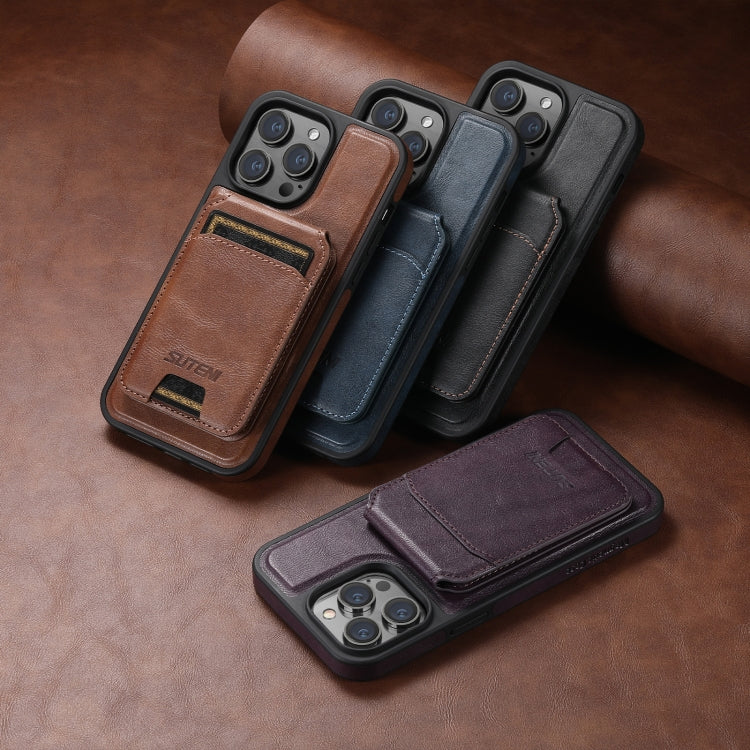 For iPhone 13 Suteni M2 Oil Wax MagSafe Horizontal Card Bag Phone Case(Brown) - iPhone 13 Cases by Suteni | Online Shopping South Africa | PMC Jewellery | Buy Now Pay Later Mobicred