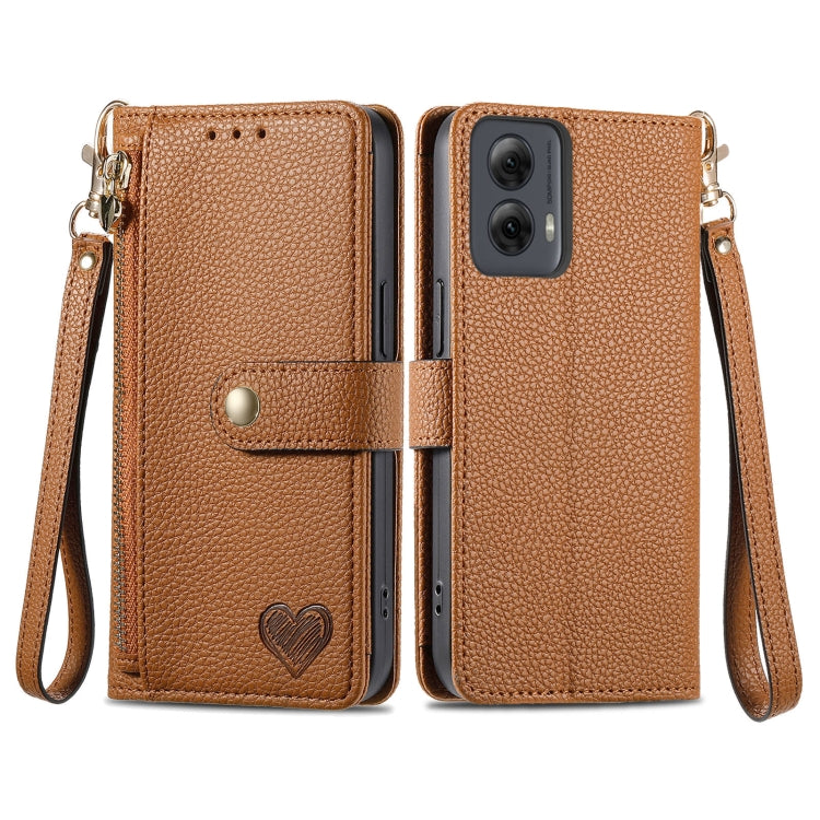 For Motorola Moto G Power 5G 2024 Love Zipper Lanyard Leather Phone Case(Brown) - Motorola Cases by PMC Jewellery | Online Shopping South Africa | PMC Jewellery | Buy Now Pay Later Mobicred