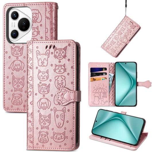 For Huawei Pura 70 Pro Cat and Dog Embossed Leather Phone Case(Rose Gold) - Huawei Cases by PMC Jewellery | Online Shopping South Africa | PMC Jewellery | Buy Now Pay Later Mobicred