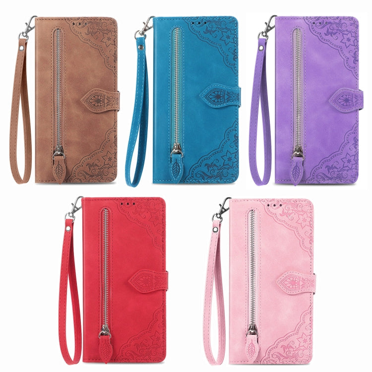 For Realme C65 Embossed Flower Zipper Leather Phone Case(Pink) - Realme Cases by PMC TechLife | Online Shopping South Africa | PMC TechLife | Buy Now Pay Later Mobicred