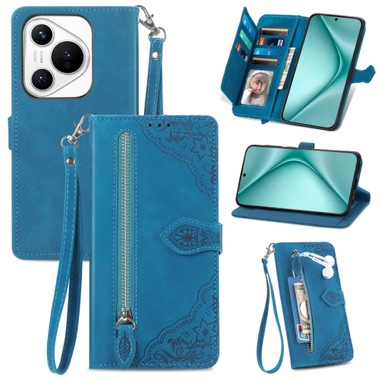 For Huawei Pura 70 Embossed Flower Zipper Leather Phone Case(Blue) - Huawei Cases by PMC Jewellery | Online Shopping South Africa | PMC Jewellery | Buy Now Pay Later Mobicred