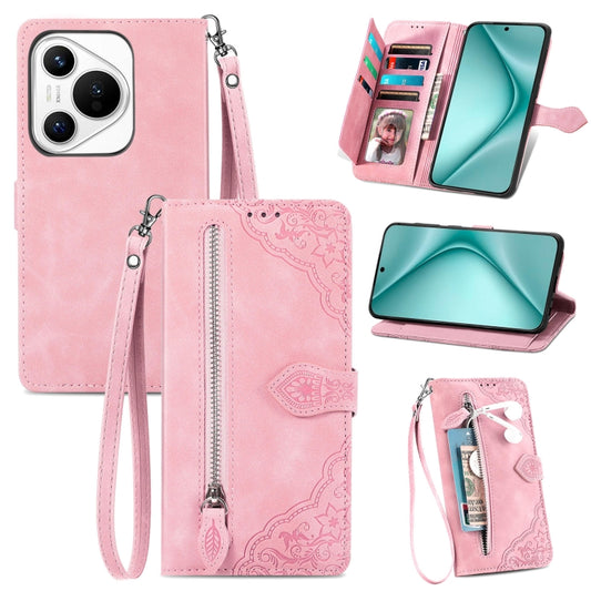 For Huawei Pura 70 Pro Embossed Flower Zipper Leather Phone Case(Pink) - Huawei Cases by PMC Jewellery | Online Shopping South Africa | PMC Jewellery | Buy Now Pay Later Mobicred