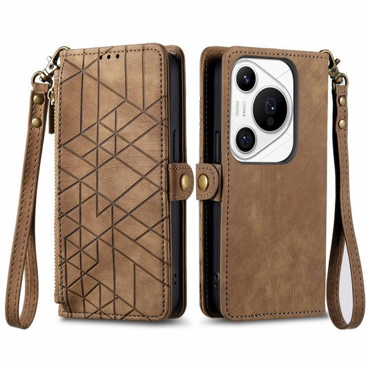 For Huawei Pura 70 Pro+ Geometric Zipper Wallet Side Buckle Leather Phone Case(Brown) - Huawei Cases by PMC Jewellery | Online Shopping South Africa | PMC Jewellery | Buy Now Pay Later Mobicred