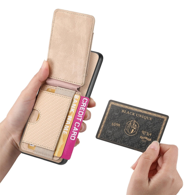 For OnePlus 12 5G Carbon Fiber Vertical Flip Wallet Stand Phone Case(Khaki) - OnePlus Cases by PMC TechLife | Online Shopping South Africa | PMC TechLife | Buy Now Pay Later Mobicred