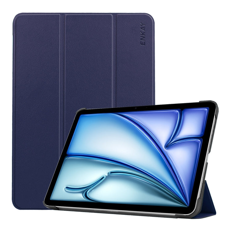 For iPad Air 13 2024 ENKAY Tri-fold Custer Texture Platic Leather Smart Tablet Case(Dark Blue) - iPad Air 13 2024 Cases by ENKAY | Online Shopping South Africa | PMC Jewellery | Buy Now Pay Later Mobicred