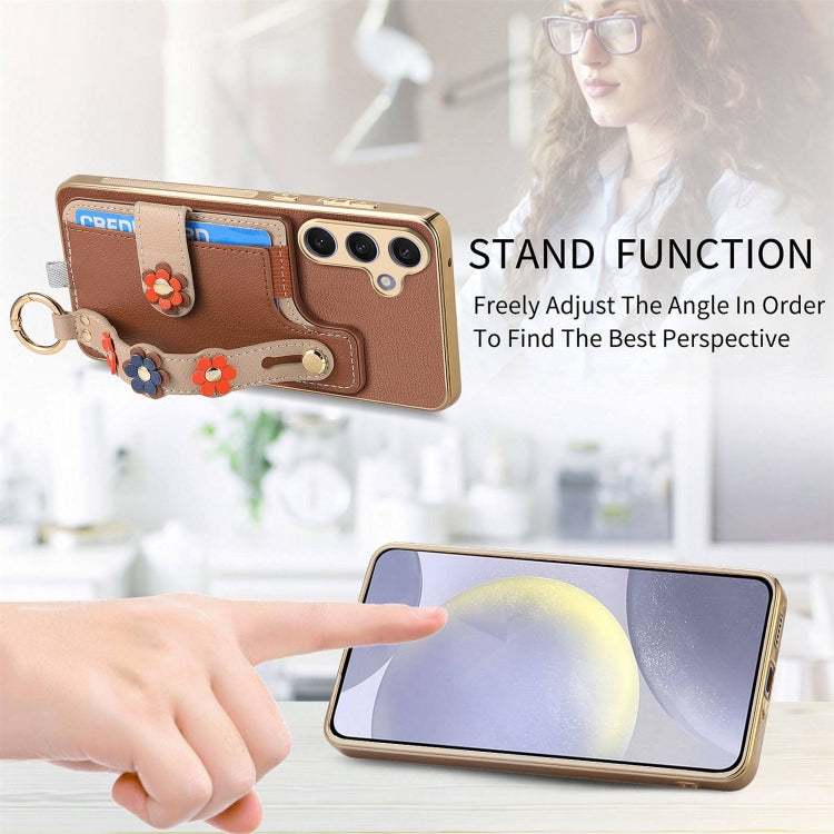 For Samsung Galaxy S24+ 5G Stereoscopic Flowers Wristband Card Bag Phone Case(Brown) - Galaxy S24+ 5G Cases by PMC Jewellery | Online Shopping South Africa | PMC Jewellery | Buy Now Pay Later Mobicred