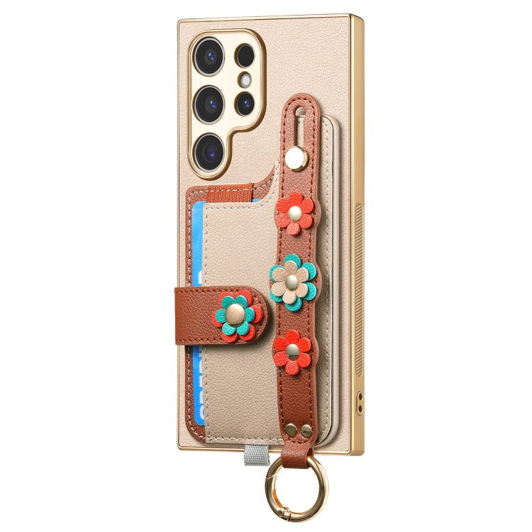 For Samsung Galaxy S24 Ultra 5G Stereoscopic Flowers Wristband Card Bag Phone Case(Khaki) - Galaxy Phone Cases by PMC Jewellery | Online Shopping South Africa | PMC Jewellery | Buy Now Pay Later Mobicred