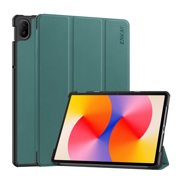 For Huawei MatePad SE 11 2024 ENKAY Tri-fold Custer Texture Platic Leather Tablet Case(Dark Green) - Huawei Cases by ENKAY | Online Shopping South Africa | PMC Jewellery | Buy Now Pay Later Mobicred