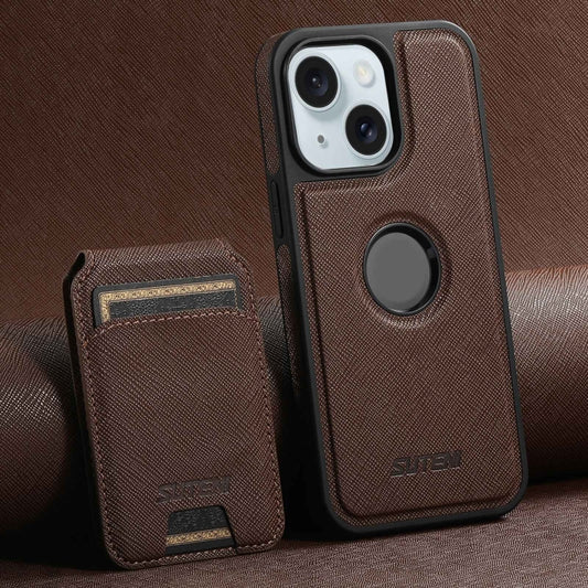 For iPhone 15 Suteni M2 Cross-Grain MagSafe Vertical Card Back Phone Case(Brown) - iPhone 15 Cases by Suteni | Online Shopping South Africa | PMC Jewellery | Buy Now Pay Later Mobicred