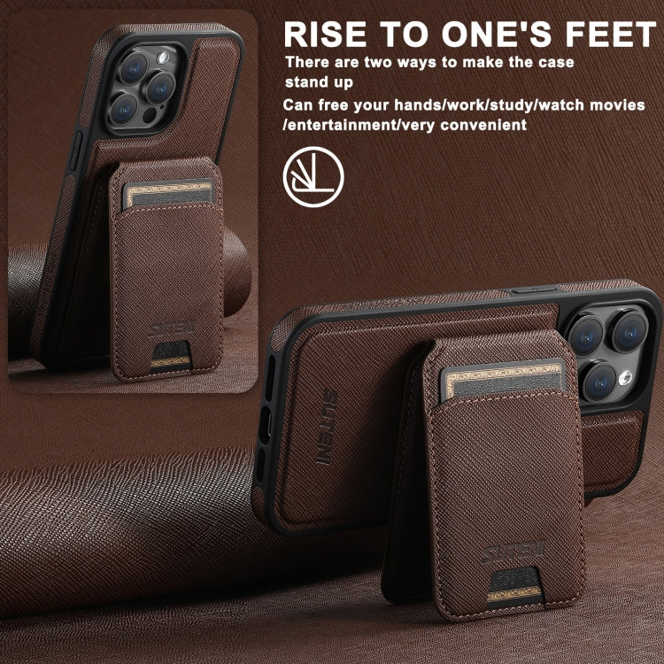 For iPhone 15 Suteni M2 Cross-Grain MagSafe Vertical Card Back Phone Case(Brown) - iPhone 15 Cases by Suteni | Online Shopping South Africa | PMC Jewellery | Buy Now Pay Later Mobicred