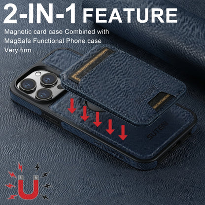 For iPhone 14 Pro Max Suteni M2 Cross-Grain MagSafe Vertical Card Back Phone Case(Blue) - iPhone 14 Pro Max Cases by Suteni | Online Shopping South Africa | PMC Jewellery | Buy Now Pay Later Mobicred