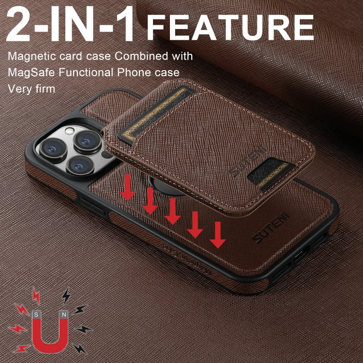 For iPhone 12 Pro Max Suteni M2 Cross-Grain MagSafe Vertical Card Back Phone Case(Brown) - iPhone 12 Pro Max Cases by Suteni | Online Shopping South Africa | PMC Jewellery | Buy Now Pay Later Mobicred