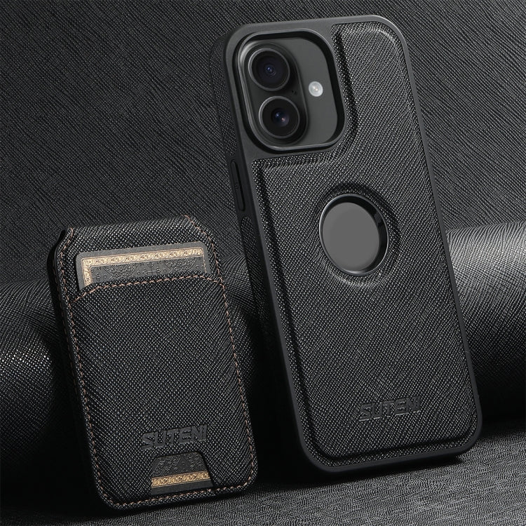 For iPhone 16 Suteni M2 Cross-Grain MagSafe Vertical Card Back Phone Case(Black) - iPhone 16 Cases by Suteni | Online Shopping South Africa | PMC Jewellery | Buy Now Pay Later Mobicred