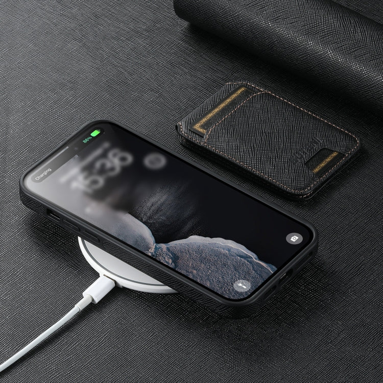 For iPhone 16 Suteni M2 Cross-Grain MagSafe Vertical Card Back Phone Case(Black) - iPhone 16 Cases by Suteni | Online Shopping South Africa | PMC Jewellery | Buy Now Pay Later Mobicred