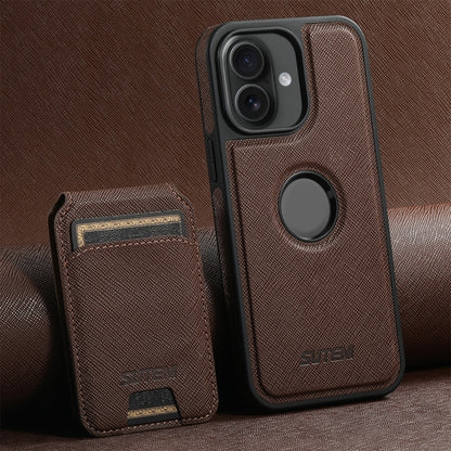 For iPhone 16 Suteni M2 Cross-Grain MagSafe Vertical Card Back Phone Case(Brown) - iPhone 16 Cases by Suteni | Online Shopping South Africa | PMC Jewellery | Buy Now Pay Later Mobicred