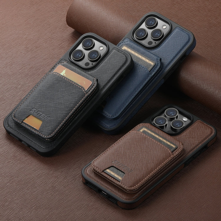 For iPhone 14 Pro Suteni M2 Cross-Grain MagSafe Vertical Card Back Phone Case(Brown) - iPhone 14 Pro Cases by Suteni | Online Shopping South Africa | PMC Jewellery | Buy Now Pay Later Mobicred