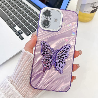 For iPhone 16 Plus Plating Glitter Texture Butterfly Holder TPU Phone Case with Lens Film(Purple Water Ripples) - iPhone 16 Plus Cases by PMC Jewellery | Online Shopping South Africa | PMC Jewellery | Buy Now Pay Later Mobicred