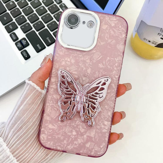 For iPhone 16e Plating Glitter Texture Butterfly Holder TPU Phone Case with Lens Film(Pink Shell Pattern) - iPhone 16e Cases by PMC Jewellery | Online Shopping South Africa | PMC Jewellery | Buy Now Pay Later Mobicred