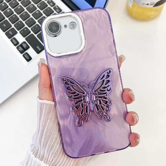 For iPhone 16e Plating Glitter Texture Butterfly Holder TPU Phone Case with Lens Film(Purple Feather Yarn) - iPhone 16e Cases by PMC Jewellery | Online Shopping South Africa | PMC Jewellery | Buy Now Pay Later Mobicred