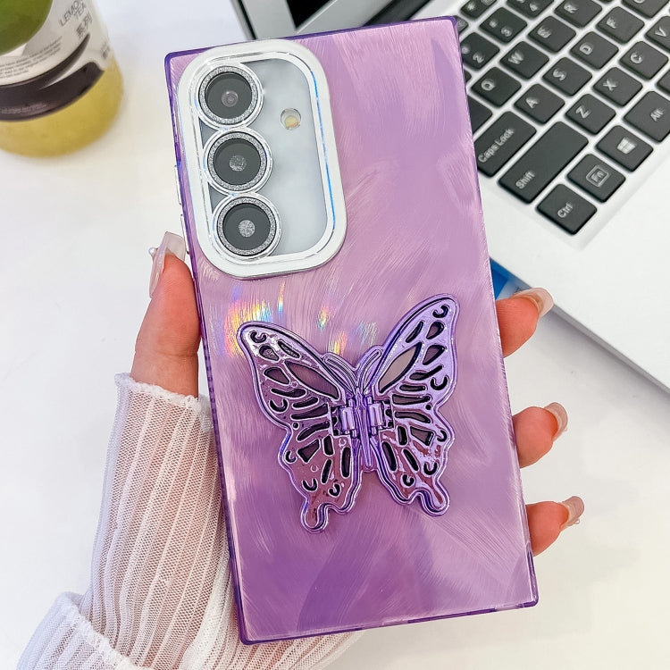 For Samsung Galaxy S25 5G Plating Glitter Texture Butterfly Holder TPU Phone Case with Lens Film(Purple Feather Yarn) - Galaxy S25 5G Cases by PMC Jewellery | Online Shopping South Africa | PMC Jewellery | Buy Now Pay Later Mobicred