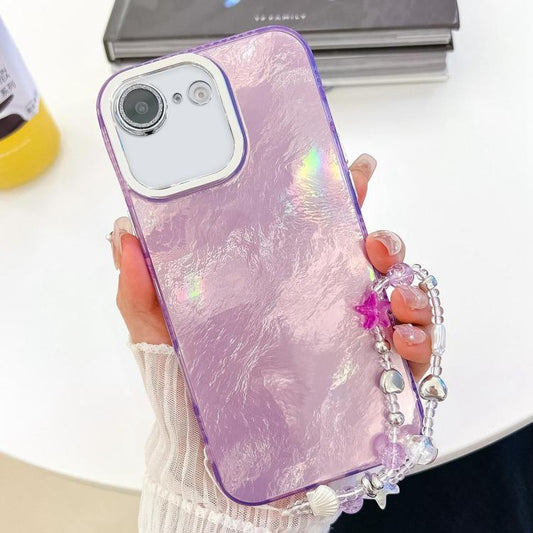 For iPhone 16e Plating Glitter Texture Chain Wristband TPU Phone Case with Lens Film(Purple Tinfoil Texture) - iPhone 16e Cases by PMC Jewellery | Online Shopping South Africa | PMC Jewellery | Buy Now Pay Later Mobicred