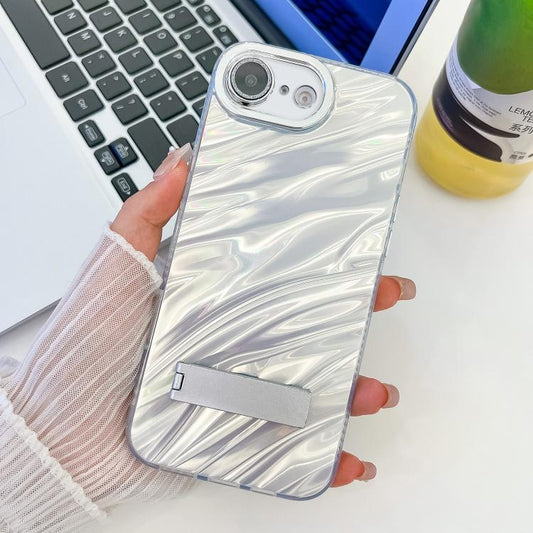 For iPhone 16e Plating Glitter Texture Fold Holder TPU Phone Case with Lens Film(White Water Ripples) - iPhone 16e Cases by PMC Jewellery | Online Shopping South Africa | PMC Jewellery | Buy Now Pay Later Mobicred