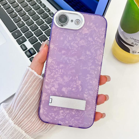 For iPhone 16e Plating Glitter Texture Fold Holder TPU Phone Case with Lens Film(Purple Shell Pattern) - iPhone 16e Cases by PMC Jewellery | Online Shopping South Africa | PMC Jewellery | Buy Now Pay Later Mobicred