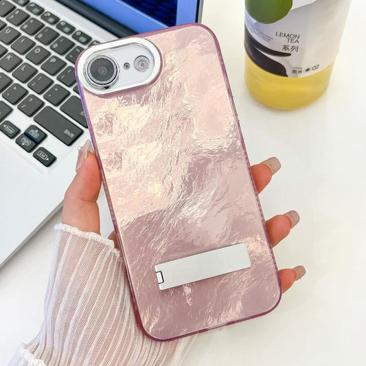 For iPhone 16e Plating Glitter Texture Fold Holder TPU Phone Case with Lens Film(Pink Tinfoil Texture) - iPhone 16e Cases by PMC Jewellery | Online Shopping South Africa | PMC Jewellery | Buy Now Pay Later Mobicred