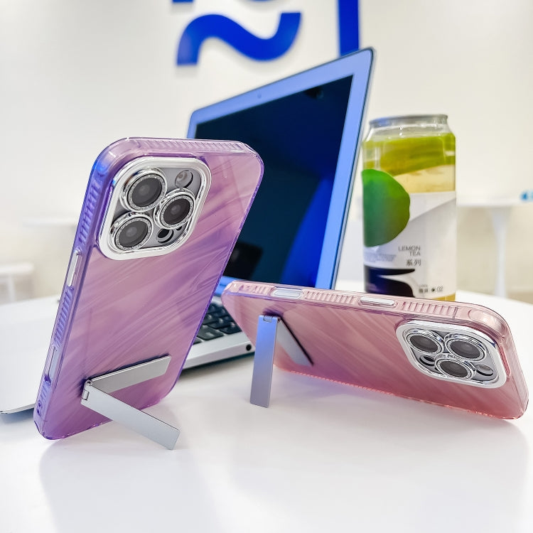 For iPhone 16e Plating Glitter Texture Fold Holder TPU Phone Case with Lens Film(Purple Wrinkles) - iPhone 16e Cases by PMC TechLife | Online Shopping South Africa | PMC TechLife | Buy Now Pay Later Mobicred