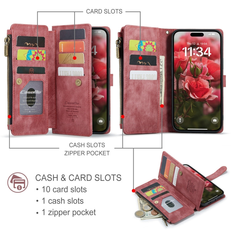 For iPhone 16 Pro Max CaseMe C30 Card Slots Zipper Wallet Leather Phone Case(Red) - iPhone 16 Pro Max Cases by CaseMe | Online Shopping South Africa | PMC Jewellery | Buy Now Pay Later Mobicred