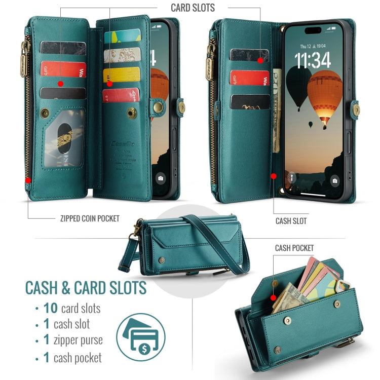 For iPhone 16 Pro Max CaseMe C36 Card Slots Zipper Wallet RFID Anti-theft Leather Phone Case(Blue) - iPhone 16 Pro Max Cases by CaseMe | Online Shopping South Africa | PMC Jewellery | Buy Now Pay Later Mobicred