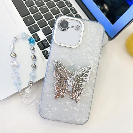 For iPhone 16e Plating Glitter Lens Film Texture Butterfly Holder Wristband Phone Case(White Shell Pattern) - iPhone 16e Cases by PMC Jewellery | Online Shopping South Africa | PMC Jewellery | Buy Now Pay Later Mobicred