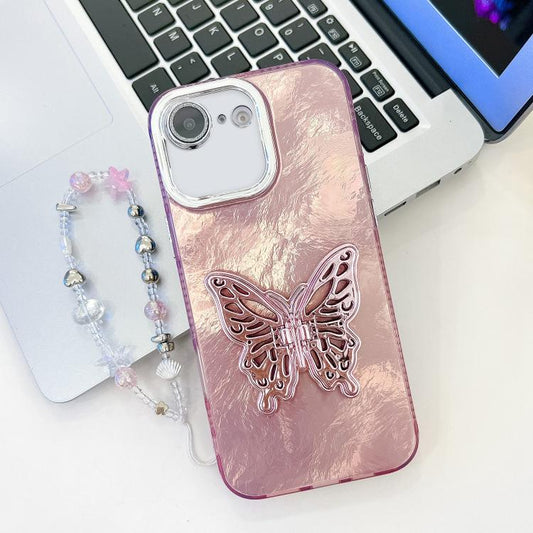 For iPhone 16e Plating Glitter Lens Film Texture Butterfly Holder Wristband Phone Case(Pink Tinfoil Texture) - iPhone 16e Cases by PMC Jewellery | Online Shopping South Africa | PMC Jewellery | Buy Now Pay Later Mobicred