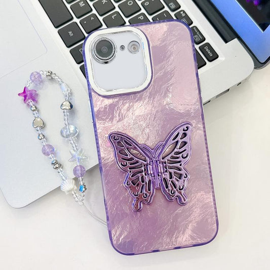 For iPhone 16e Plating Glitter Lens Film Texture Butterfly Holder Wristband Phone Case(Purple Tinfoil Texture) - iPhone 16e Cases by PMC Jewellery | Online Shopping South Africa | PMC Jewellery | Buy Now Pay Later Mobicred