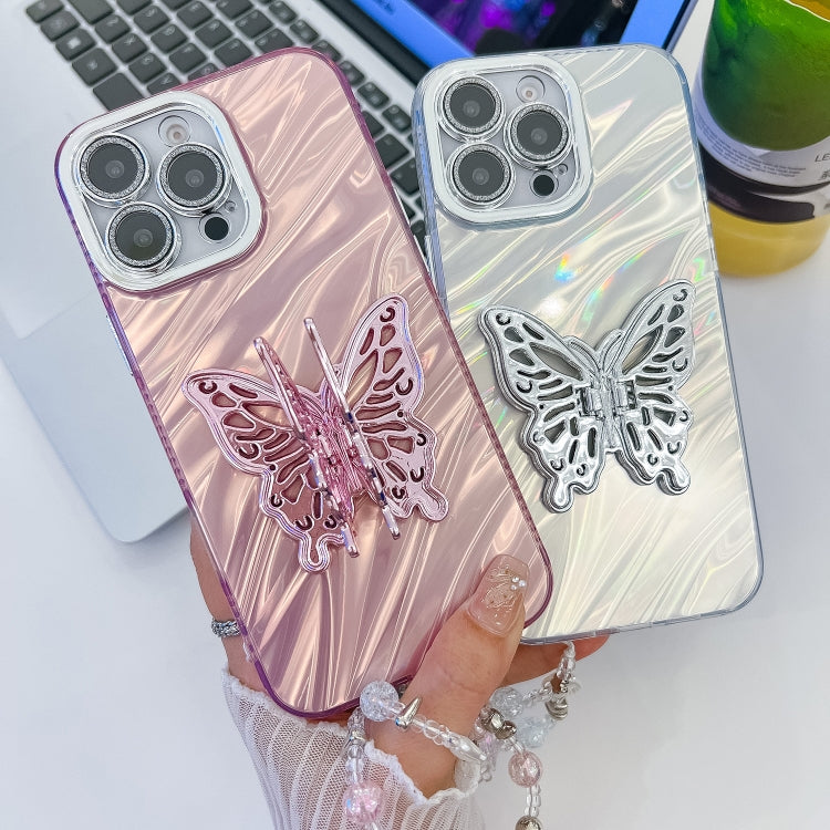 For iPhone 16 Plating Glitter Lens Film Texture Butterfly Holder Wristband Phone Case(Pink Tinfoil Texture) - iPhone 16 Cases by PMC Jewellery | Online Shopping South Africa | PMC Jewellery | Buy Now Pay Later Mobicred