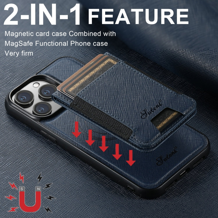 For iPhone 16 Pro Suteni H17 Cross Grain Leather MagSafe Detachable Wallet Phone Case(Blue) - iPhone 16 Pro Cases by Suteni | Online Shopping South Africa | PMC Jewellery | Buy Now Pay Later Mobicred