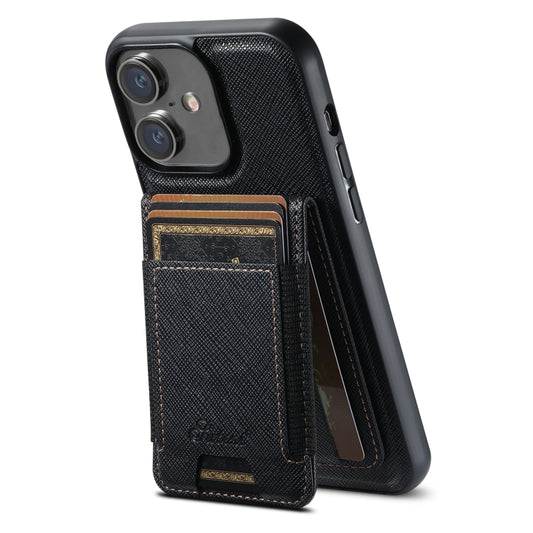 For iPhone 16 Suteni H17 Cross Grain Leather MagSafe Detachable Wallet Phone Case(Black) - iPhone 16 Cases by Suteni | Online Shopping South Africa | PMC Jewellery | Buy Now Pay Later Mobicred