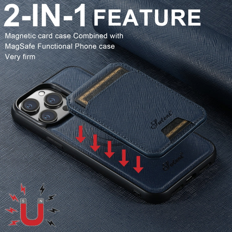 For iPhone 16 Pro Max Suteni H18 Cross Grain MagSafe Wallet Leather Phone Case(Blue) - iPhone 16 Pro Max Cases by Suteni | Online Shopping South Africa | PMC Jewellery | Buy Now Pay Later Mobicred