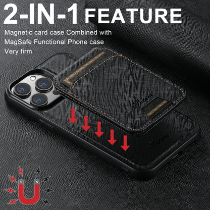 For iPhone 16 Plus Suteni H18 Cross Grain MagSafe Wallet Leather Phone Case(Black) - iPhone 16 Plus Cases by Suteni | Online Shopping South Africa | PMC Jewellery | Buy Now Pay Later Mobicred