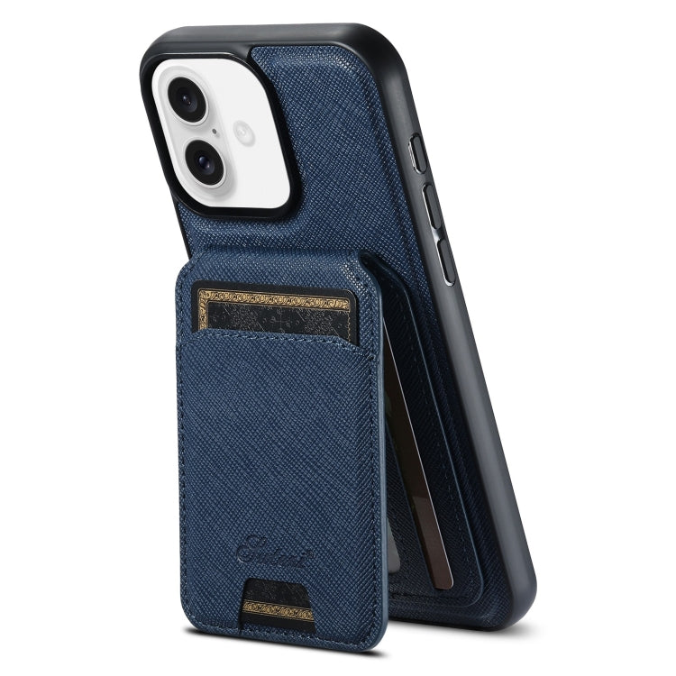 For iPhone 16 Plus Suteni H18 Cross Grain MagSafe Wallet Leather Phone Case(Blue) - iPhone 16 Plus Cases by Suteni | Online Shopping South Africa | PMC Jewellery | Buy Now Pay Later Mobicred