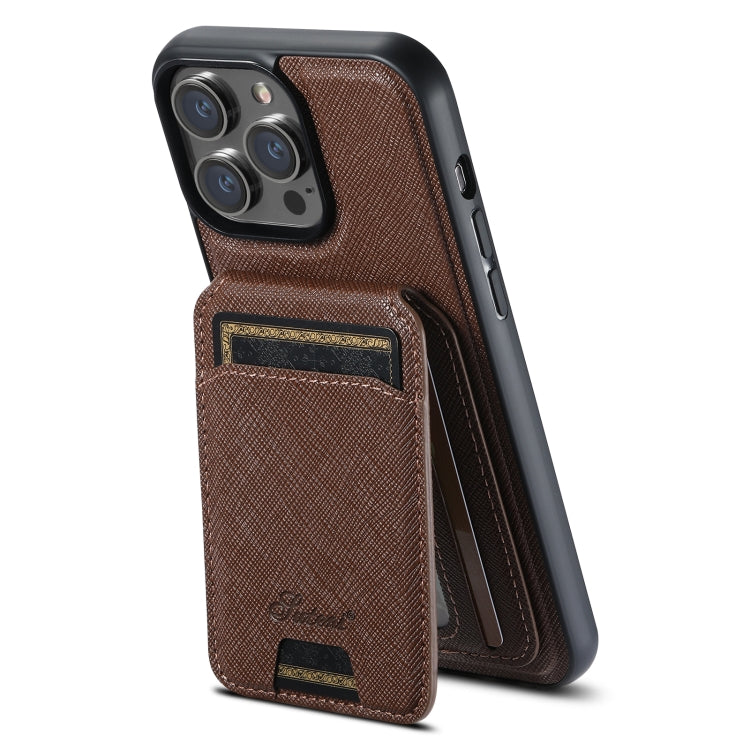 For iPhone 16 Pro Suteni H18 Cross Grain MagSafe Wallet Leather Phone Case(Brown) - iPhone 16 Pro Cases by Suteni | Online Shopping South Africa | PMC Jewellery | Buy Now Pay Later Mobicred