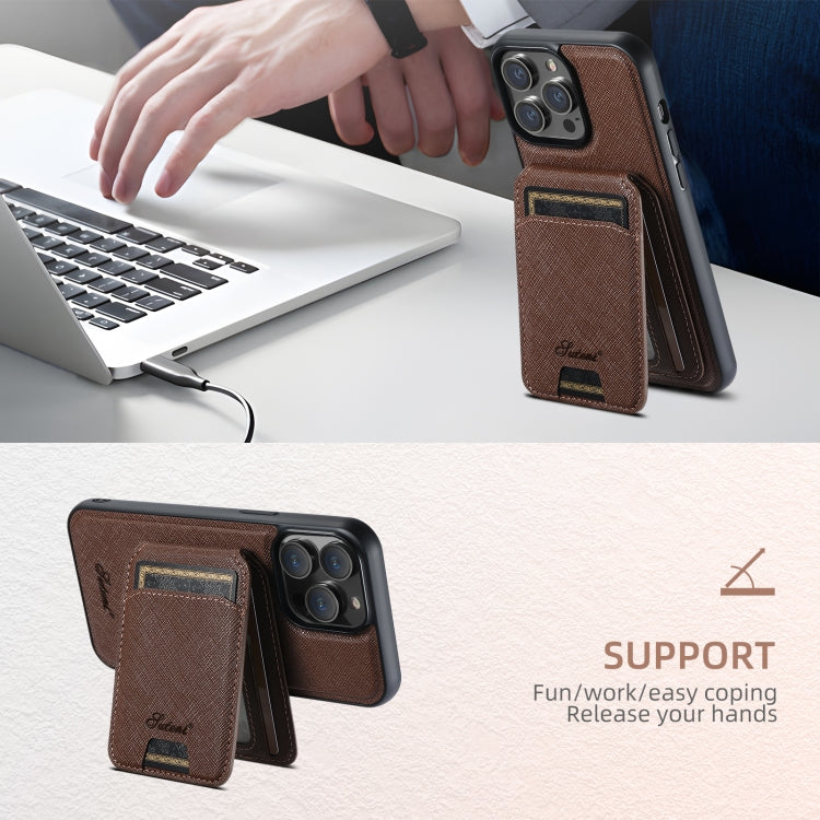 For iPhone 16 Pro Suteni H18 Cross Grain MagSafe Wallet Leather Phone Case(Brown) - iPhone 16 Pro Cases by Suteni | Online Shopping South Africa | PMC Jewellery | Buy Now Pay Later Mobicred