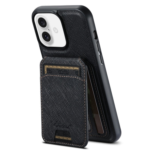 For iPhone 16 Suteni H18 Cross Grain MagSafe Wallet Leather Phone Case(Black) - iPhone 16 Cases by Suteni | Online Shopping South Africa | PMC Jewellery | Buy Now Pay Later Mobicred