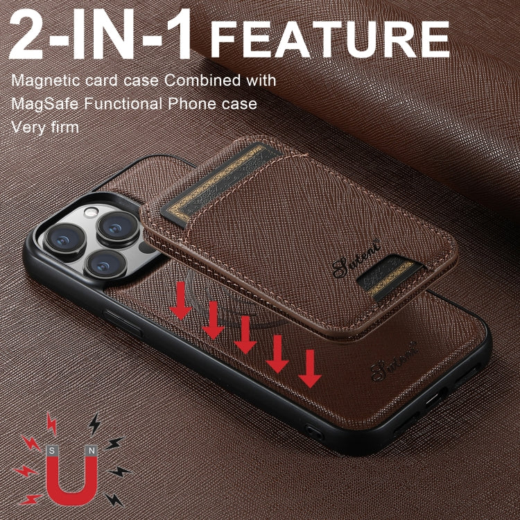 For iPhone 14 Suteni H18 Cross Grain MagSafe Wallet Leather Phone Case(Brown) - iPhone 14 Cases by Suteni | Online Shopping South Africa | PMC Jewellery | Buy Now Pay Later Mobicred