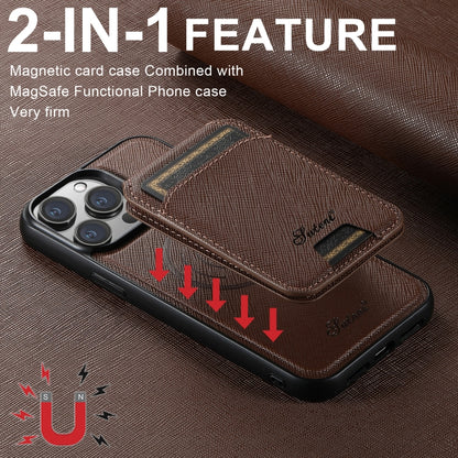 For iPhone 14 Suteni H18 Cross Grain MagSafe Wallet Leather Phone Case(Brown) - iPhone 14 Cases by Suteni | Online Shopping South Africa | PMC Jewellery | Buy Now Pay Later Mobicred