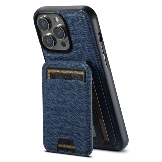 For iPhone 12 Pro Suteni H18 Cross Grain MagSafe Wallet Leather Phone Case(Blue) - iPhone 12 / 12 Pro Cases by Suteni | Online Shopping South Africa | PMC Jewellery | Buy Now Pay Later Mobicred