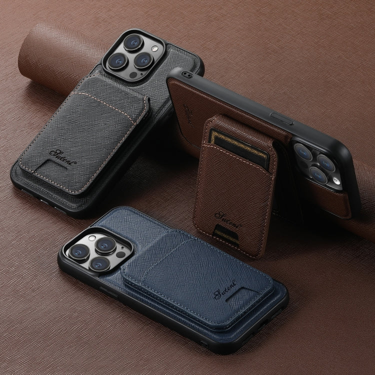 For iPhone 15 Suteni H18 Cross Grain MagSafe Wallet Leather Phone Case(Brown) - iPhone 15 Cases by Suteni | Online Shopping South Africa | PMC Jewellery | Buy Now Pay Later Mobicred