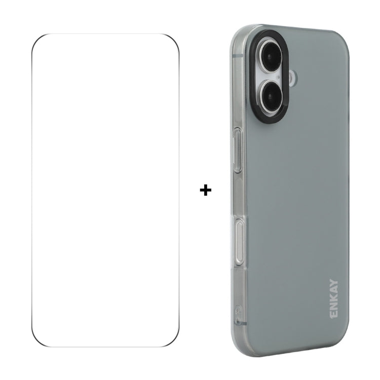 For iPhone 16 Plus ENKAY Hat-Prince Translucent Matte TPU Phone Case + 9H Big Arc Edge Film(Grey) - iPhone 16 Plus Cases by ENKAY | Online Shopping South Africa | PMC Jewellery | Buy Now Pay Later Mobicred